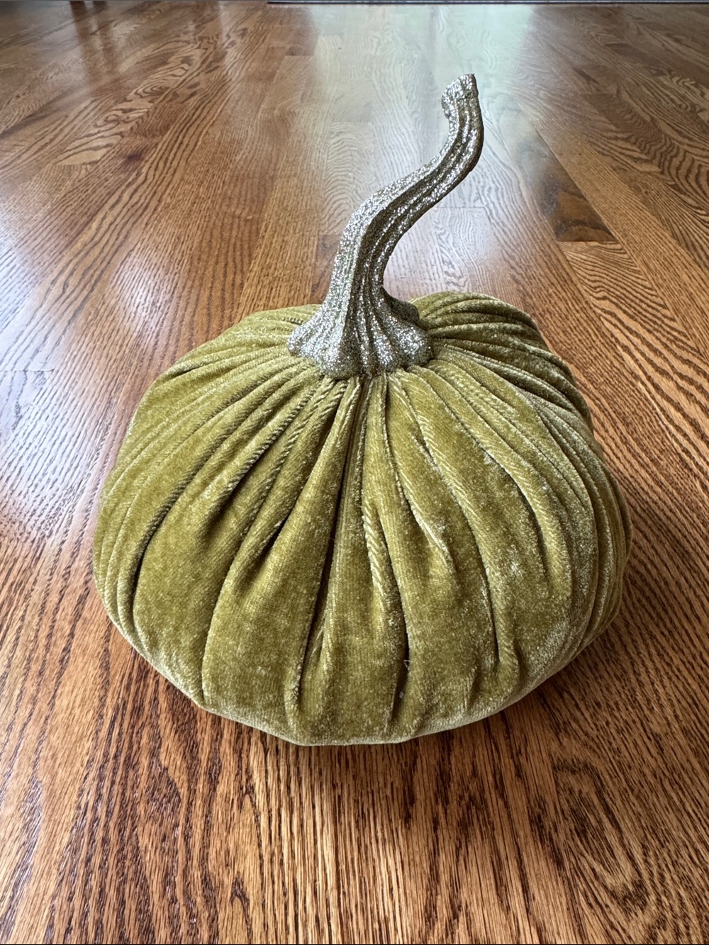 Velvet Decorative Pumpkin Accent - Olive Green with Glitter Stem